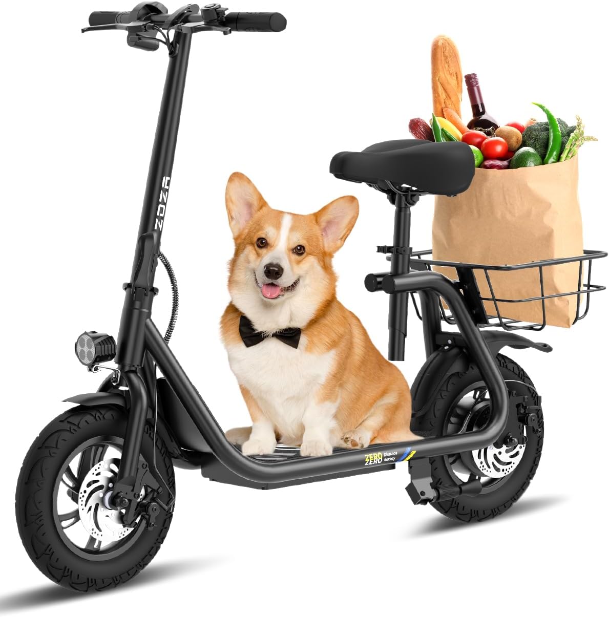 Electric Scooter with Seat ZD06, 800W Peak Motor, 20 Mile Range & 15.5 Mph, Key Start, Foldable E-Scooter with Carry Basket for Pets & Cargo, Electrically-Powered Motor Scooters