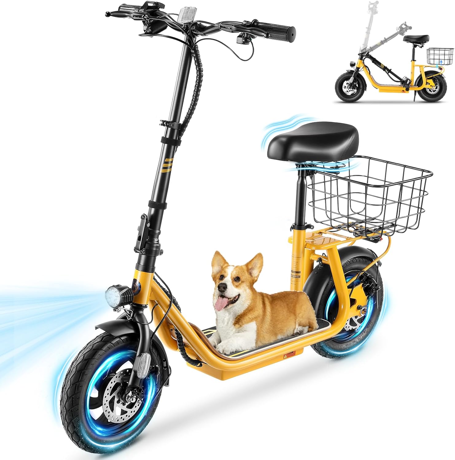 Caroma Peak 1200W/800W Electric Scooter with Seat, 30 Miles Max Range, Key Start Electric Scooter Adults&Teens, Up to 20MPH Foldable Ebike, Adjustable E-Bike with Basket&Kid Seat, Commuter Escooter