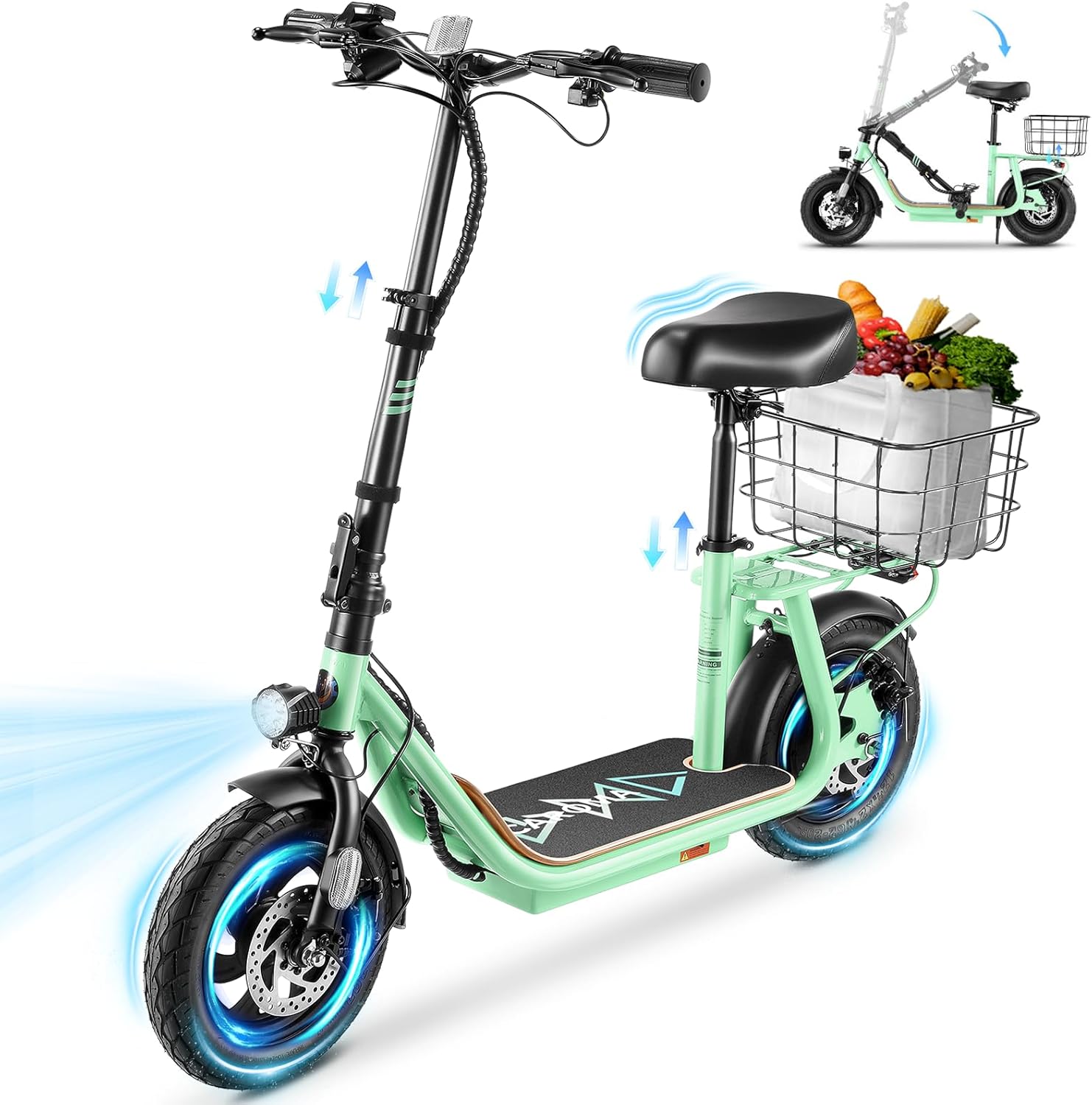 Caroma Peak 1200W/800W Electric Scooter with Seat, 30 Miles Max Range, Key Start Electric Scooter Adults&Teens, Up to 20MPH Foldable Ebike, Adjustable E-Bike with Basket&Kid Seat, Commuter Escooter