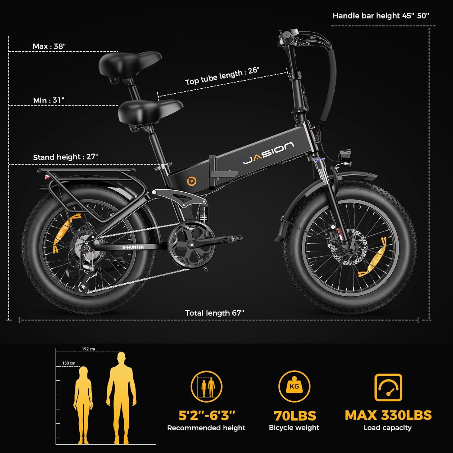 Jasion X-Hunter Foldable Electric Bike, 1400W Peak Motor, 70+ Miles 30MPH EBike, 624WH Removable Battery, 20''*4 Fat Tire, Full Suspension Bicycle for Commute,Snow, Mountain, 7-speed E-bike for Adults