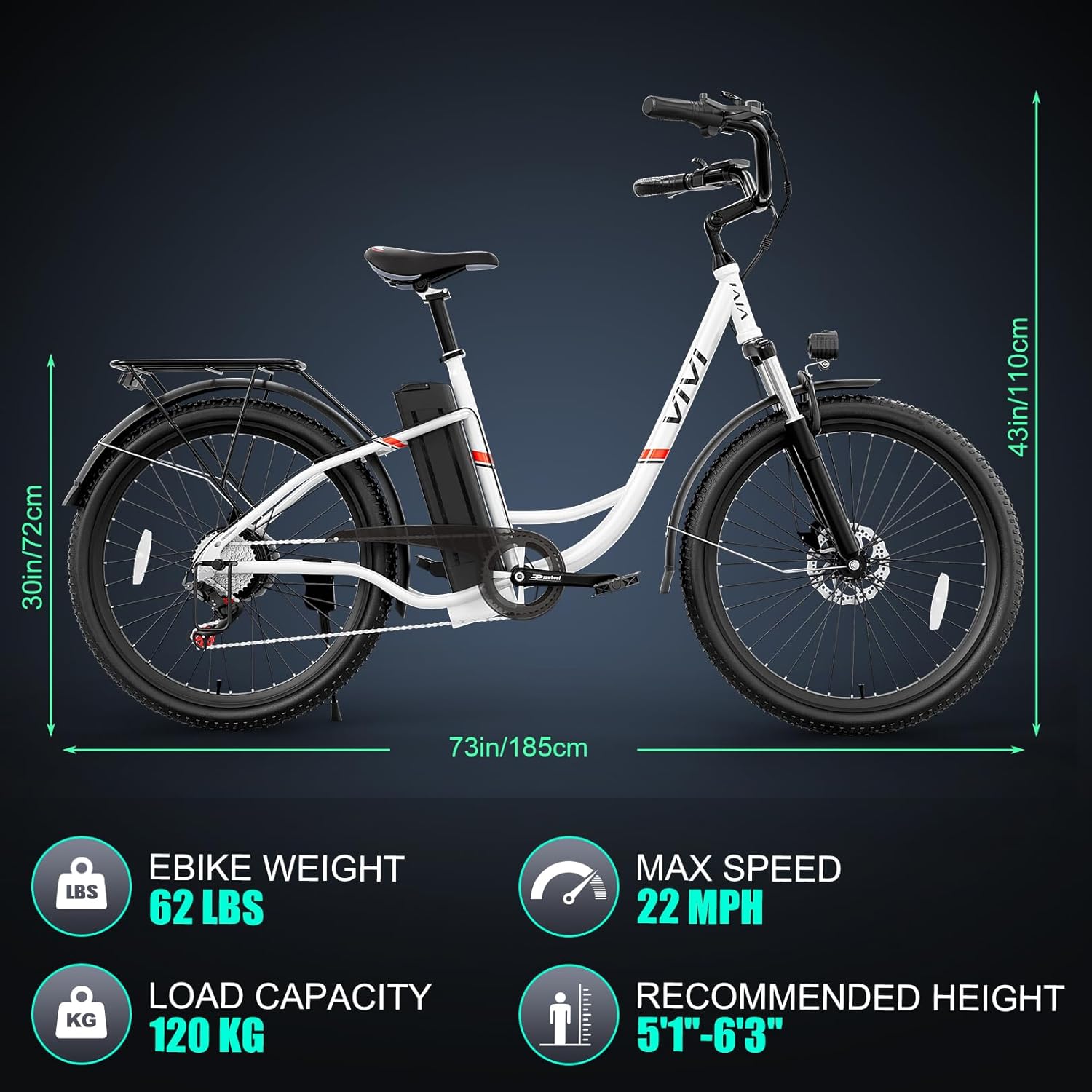Vivi Electric Bike, 26" Electric Cruiser Bike 1000W Peak Ebike 22MPH Electric Bike for Adults, 48V Removable Battery, Cruise Control, 7 Speed Electric City Commuter Bicycle, SGS Certified to UL2849