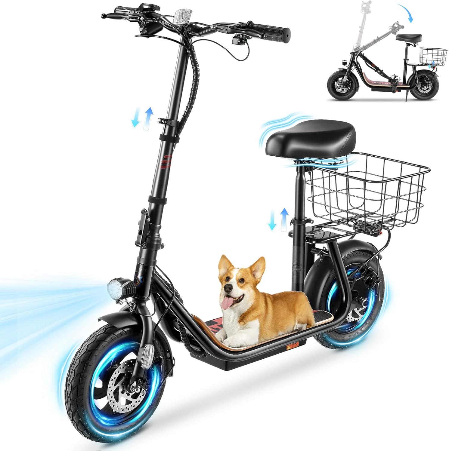 Caroma Peak 1200W/800W Electric Scooter with Seat, 30 Miles Max Range, Key Start Electric Scooter Adults&Teens, Up to 20MPH Foldable Ebike, Adjustable E-Bike with Basket&Kid Seat, Commuter Escooter