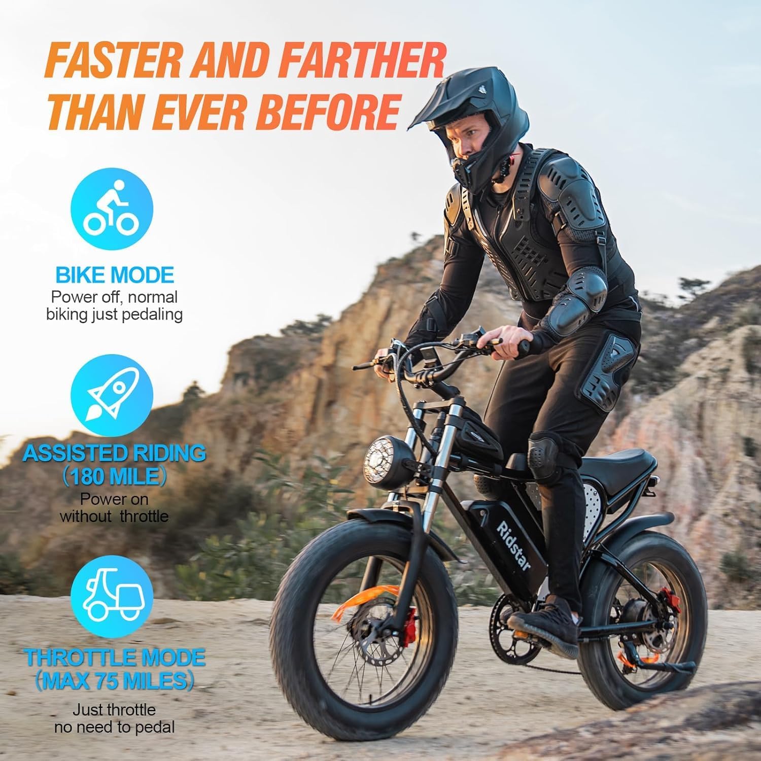 Ridstar Electric Bike for Adults, 1000/2000W, 25/30/37MPH,48V-52V, 20AH,40AH Battery, Max 50-180 Miles Electric Motorcycle, 20" Fat Tire Dirt Bike, Shamano 7-Speed E-Bike