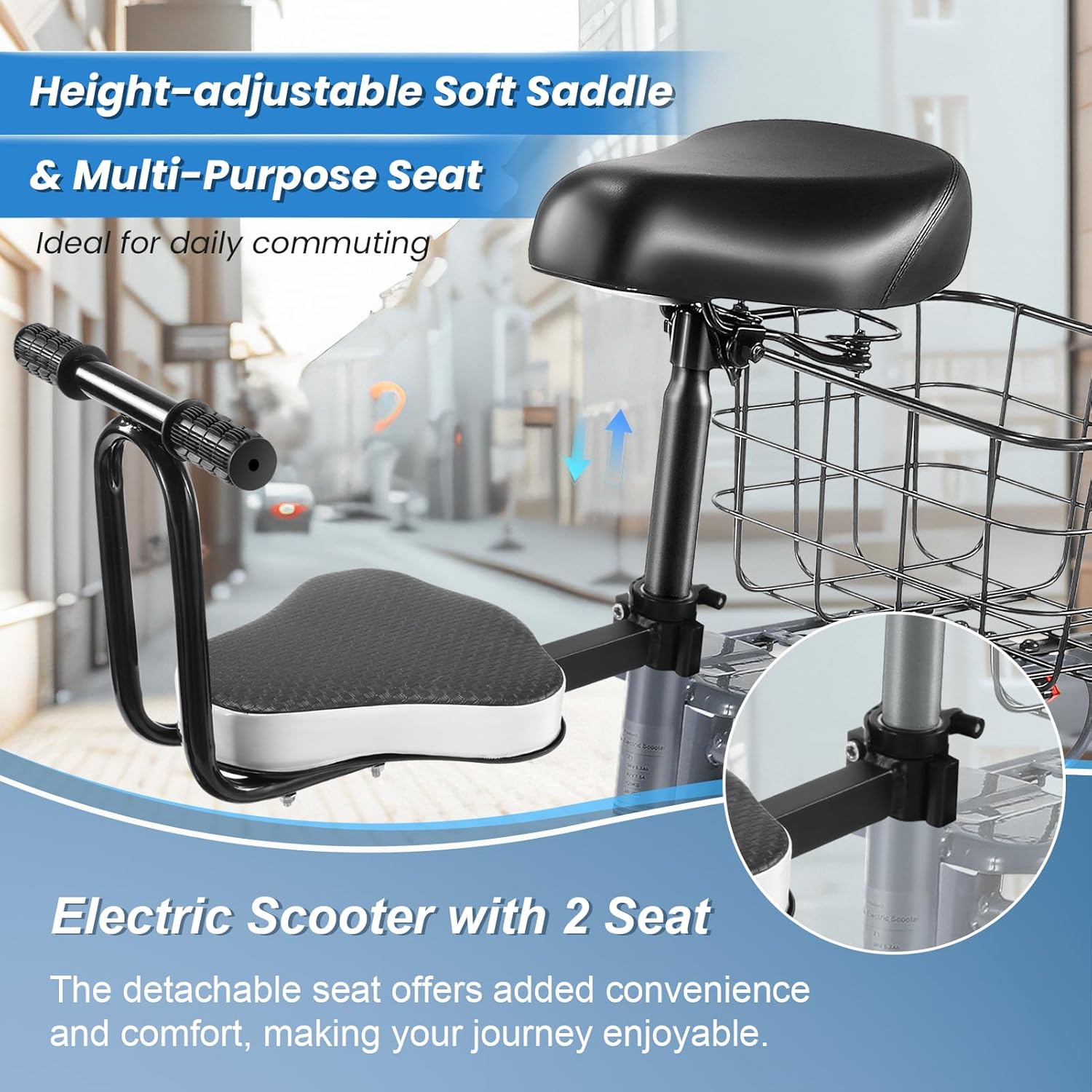 Caroma Peak 1200W/800W Electric Scooter with Seat, 30 Miles Max Range, Key Start Electric Scooter Adults&Teens, Up to 20MPH Foldable Ebike, Adjustable E-Bike with Basket&Kid Seat, Commuter Escooter