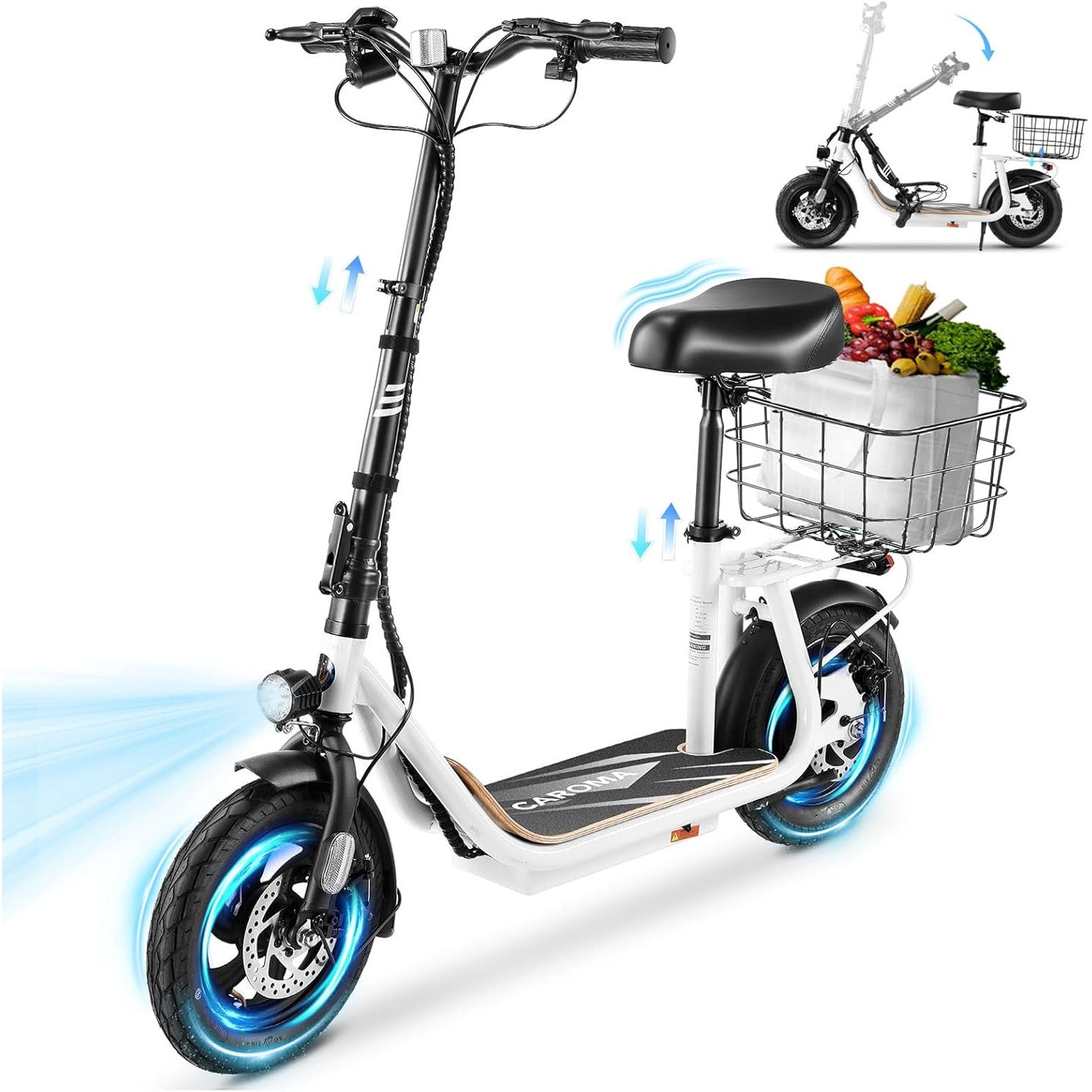 Caroma Peak 1200W/800W Electric Scooter with Seat, 30 Miles Max Range, Key Start Electric Scooter Adults&Teens, Up to 20MPH Foldable Ebike, Adjustable E-Bike with Basket&Kid Seat, Commuter Escooter