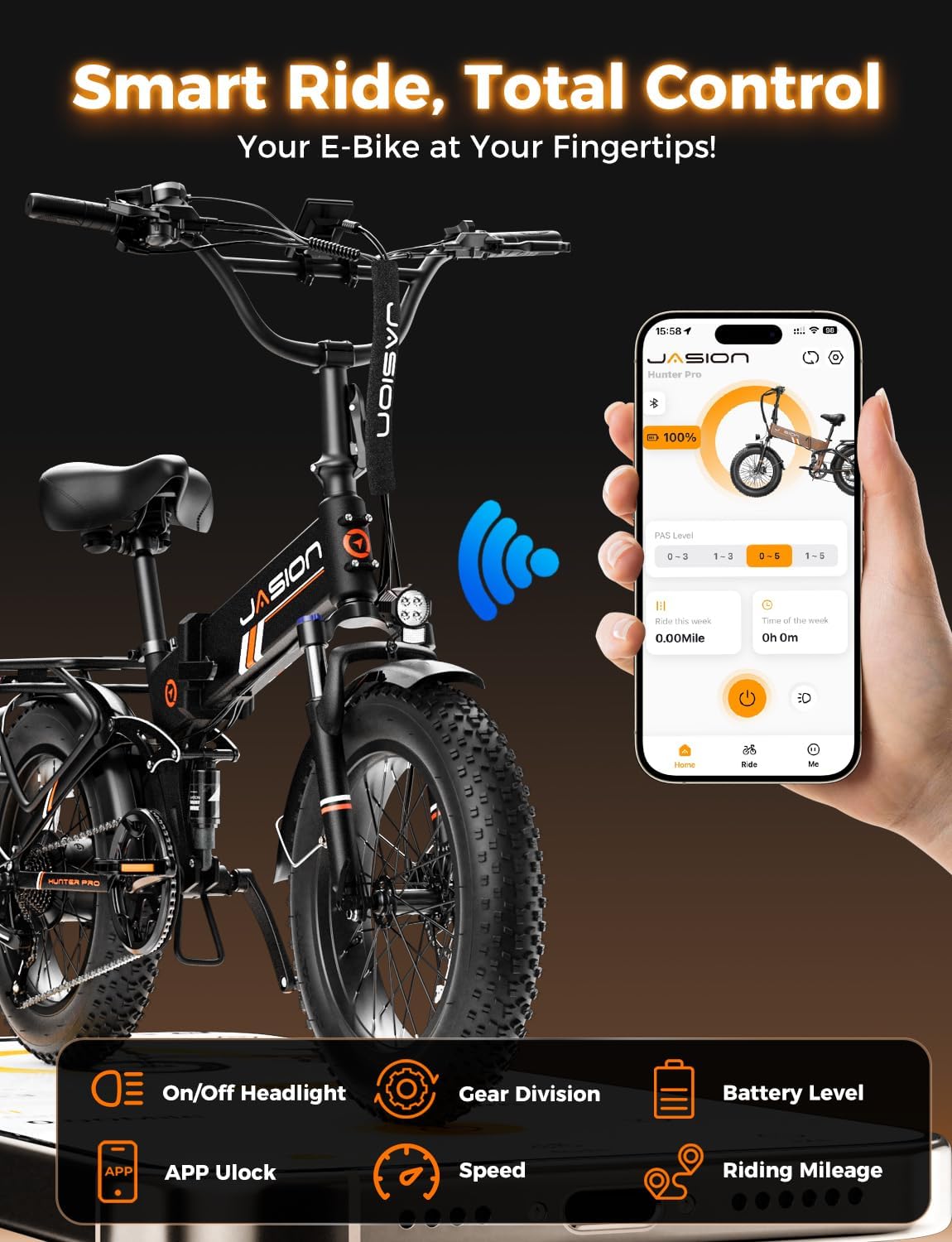 Jasion Hunter Pro Electric Bike for Adults, 1800W Peak Motor 80 Miles, up to 30+MPH,720WH Removable Battery Foldable Ebike,App Control & Full Suspension,20''*4.0 Fat Tire,Dual Hydraulic Brakes Bicycle