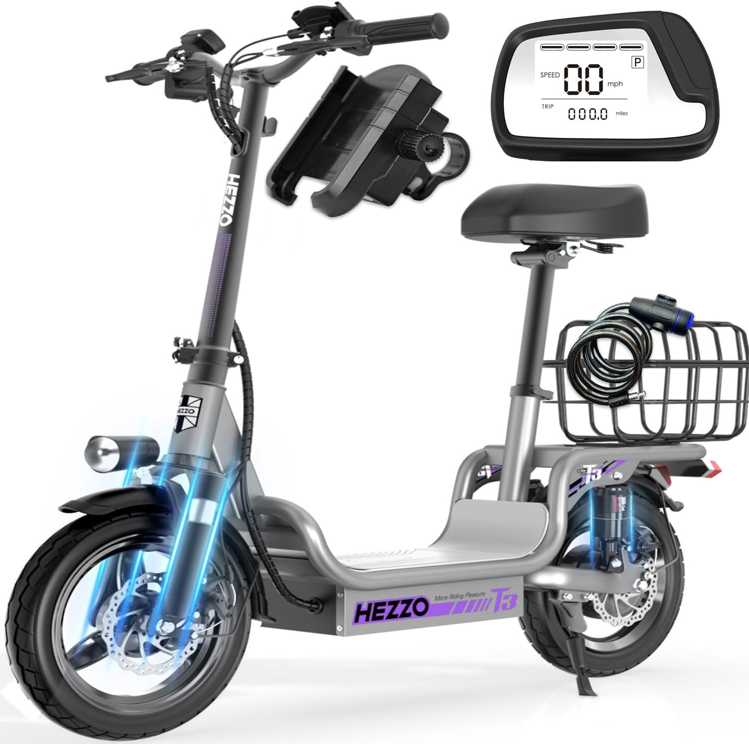 Heavy Duty Electric Scooter with Seat for Adults – 500 lbs Capacity Commuter Electric Scooters, 20MPH, 480W Motor, 30-Mile Range, Dual Suspension, Foldable Powered Scooter with 14" Tires & Basket