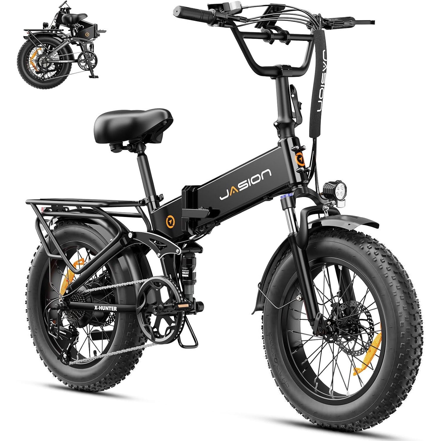 Jasion X-Hunter Foldable Electric Bike, 1400W Peak Motor, 70+ Miles 30MPH EBike, 624WH Removable Battery, 20''*4 Fat Tire, Full Suspension Bicycle for Commute,Snow, Mountain, 7-speed E-bike for Adults