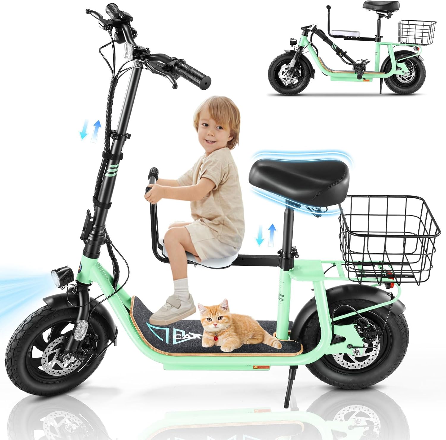Caroma Peak 1200W/800W Electric Scooter with Seat, 30 Miles Max Range, Key Start Electric Scooter Adults&Teens, Up to 20MPH Foldable Ebike, Adjustable E-Bike with Basket&Kid Seat, Commuter Escooter