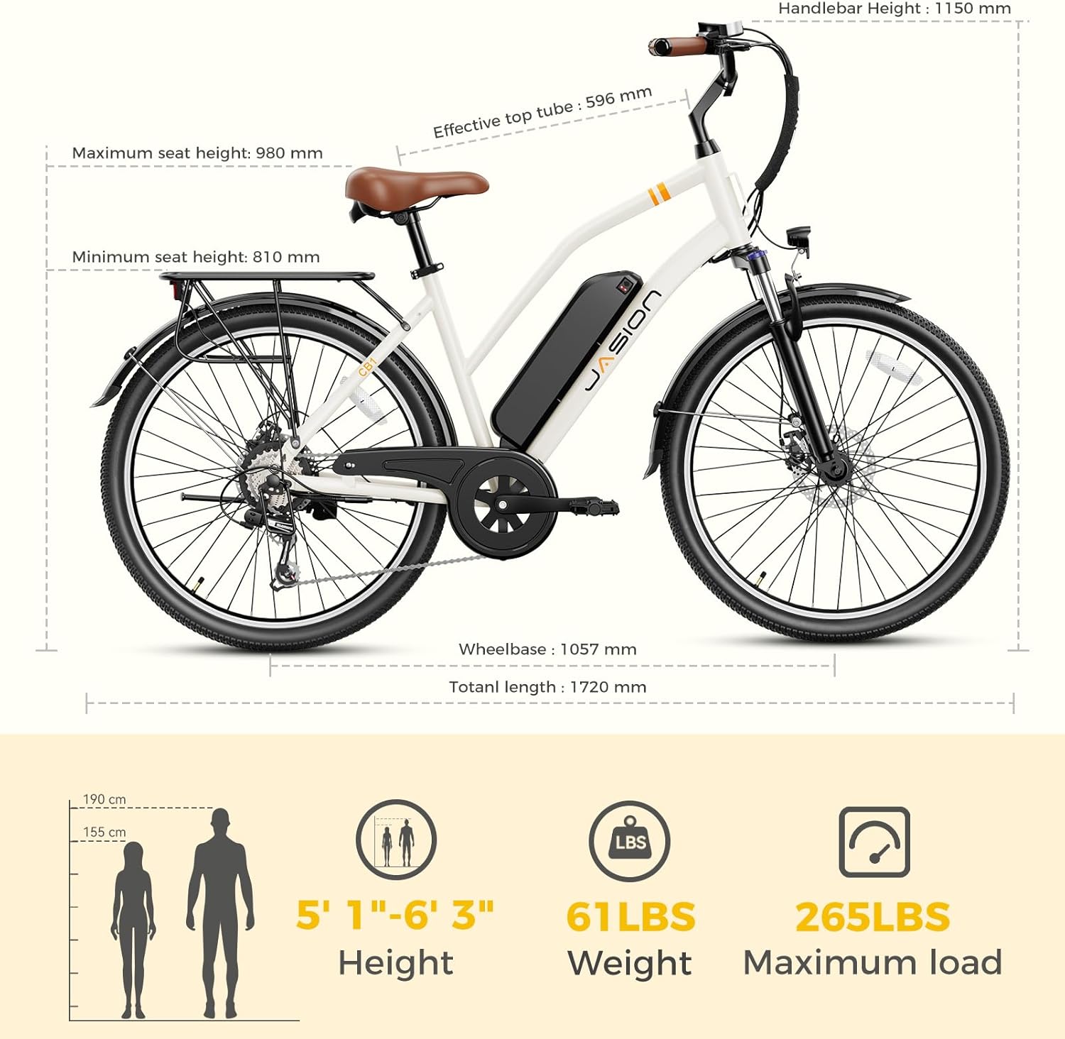Jasion CB1 Electric Bike for Adults, 1000W Motor Peak Ebike, 450Wh Removeable Battery, 26'' City Cruiser Bicycle, 22 MPH Commuter Women Ebike, 7-Speed Gear