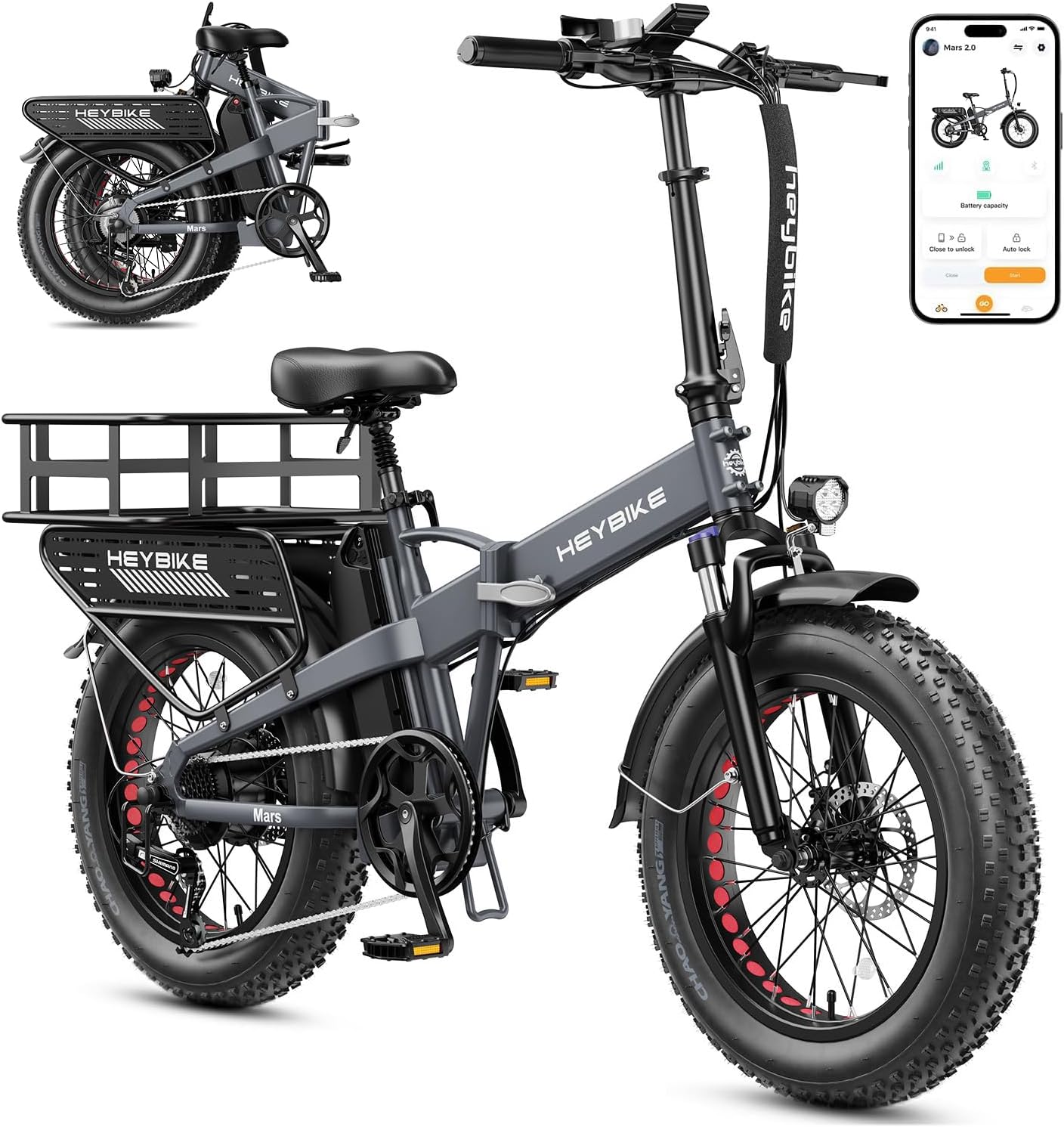 Heybike Mars 2.0 Foldable Electric Bike Adults 32Mph, APP Control E-Bike with 1800W Peak Motor, 20'' Large Fat Tire Ebike, 60+Miles Range with 624WH Removable Battery UL Certified, Full Suspension
