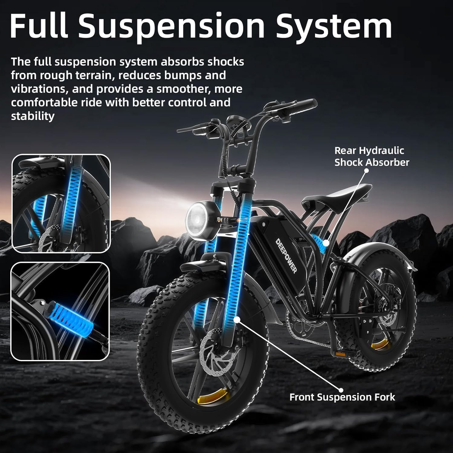 DEEPOWER S20 Electric Bike for Adults, 1500W Peak Motor Ebike, 48V 13/20/25AH Removable Battery, 28 MPH, 70+Miles, 20" Fat Tire Electric Motorcycle, All-Terrain Electric Dirt Bike with 7-Speed