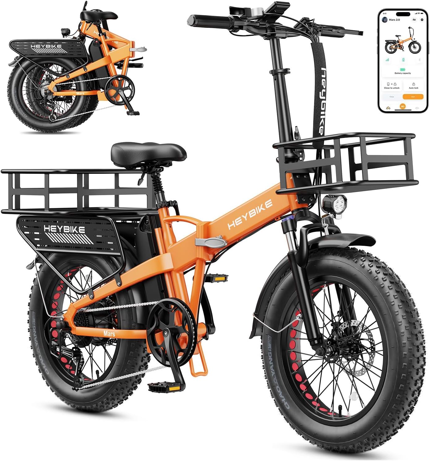 Heybike Mars 2.0 Foldable Electric Bike Adults 32Mph, APP Control E-Bike with 1800W Peak Motor, 20'' Large Fat Tire Ebike, 60+Miles Range with 624WH Removable Battery UL Certified, Full Suspension