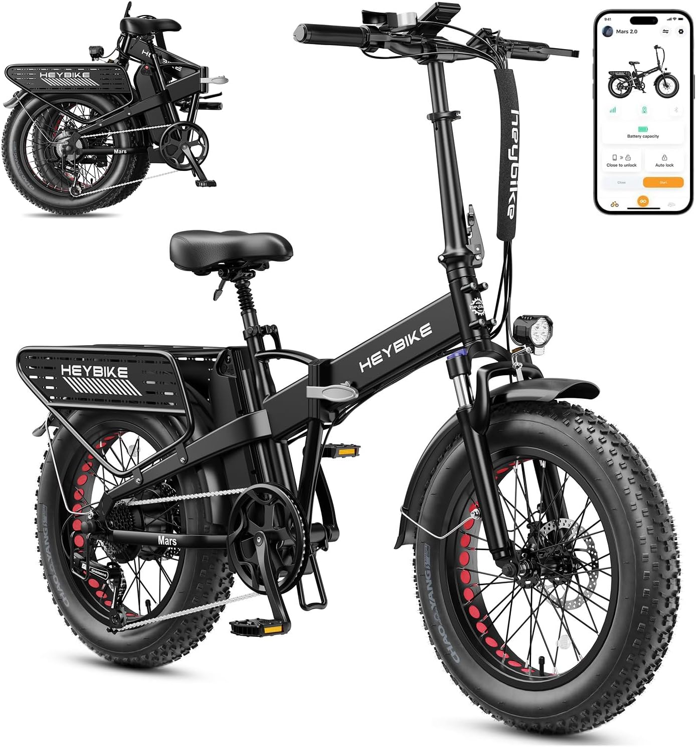 Heybike Mars 2.0 Foldable Electric Bike Adults 32Mph, APP Control E-Bike with 1800W Peak Motor, 20'' Large Fat Tire Ebike, 60+Miles Range with 624WH Removable Battery UL Certified, Full Suspension