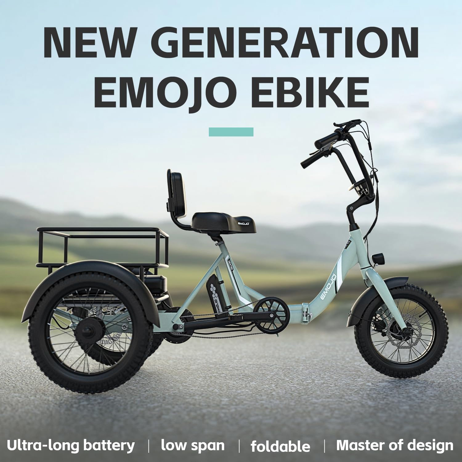 EMOJO Compact Foldable Electric Trike, Long Range 3 Wheels Electric Bicycle with 500W Motor, 48V 14Ah Battery, Built-in Differential