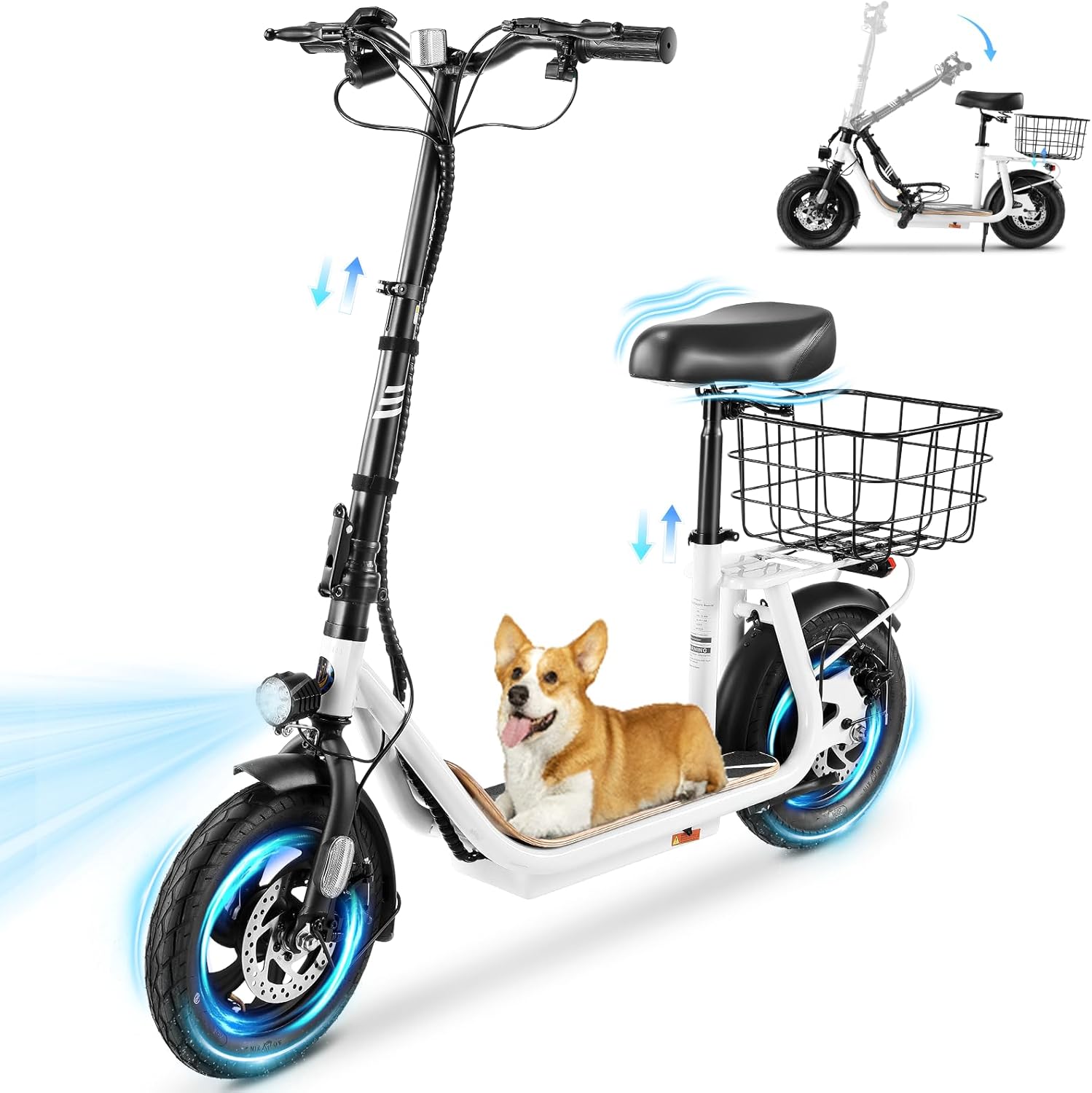 Caroma Peak 1200W/800W Electric Scooter with Seat, 30 Miles Max Range, Key Start Electric Scooter Adults&Teens, Up to 20MPH Foldable Ebike, Adjustable E-Bike with Basket&Kid Seat, Commuter Escooter