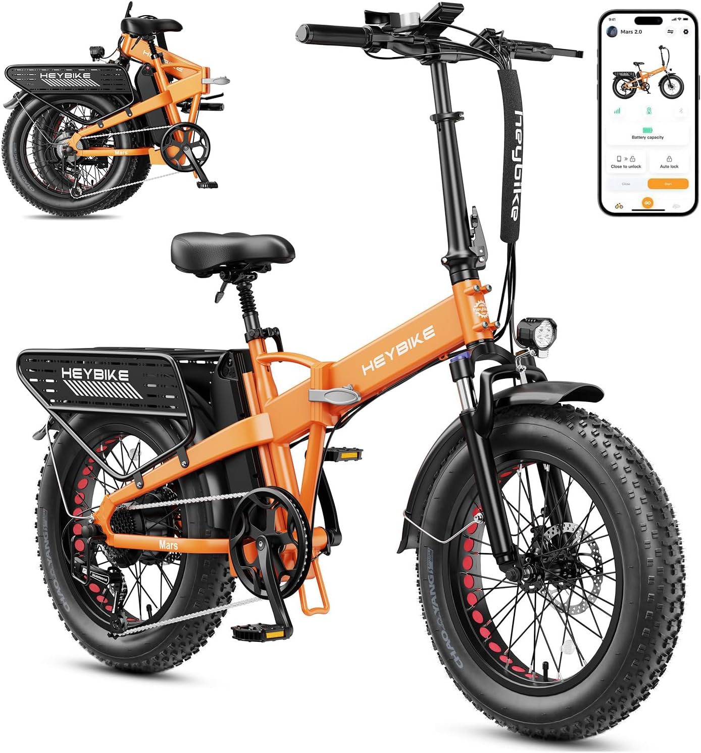 Heybike Mars 2.0 Foldable Electric Bike Adults 32Mph, APP Control E-Bike with 1800W Peak Motor, 20'' Large Fat Tire Ebike, 60+Miles Range with 624WH Removable Battery UL Certified, Full Suspension