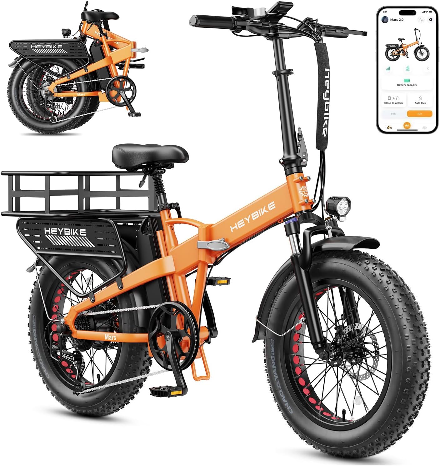 Heybike Mars 2.0 Foldable Electric Bike Adults 32Mph, APP Control E-Bike with 1800W Peak Motor, 20'' Large Fat Tire Ebike, 60+Miles Range with 624WH Removable Battery UL Certified, Full Suspension