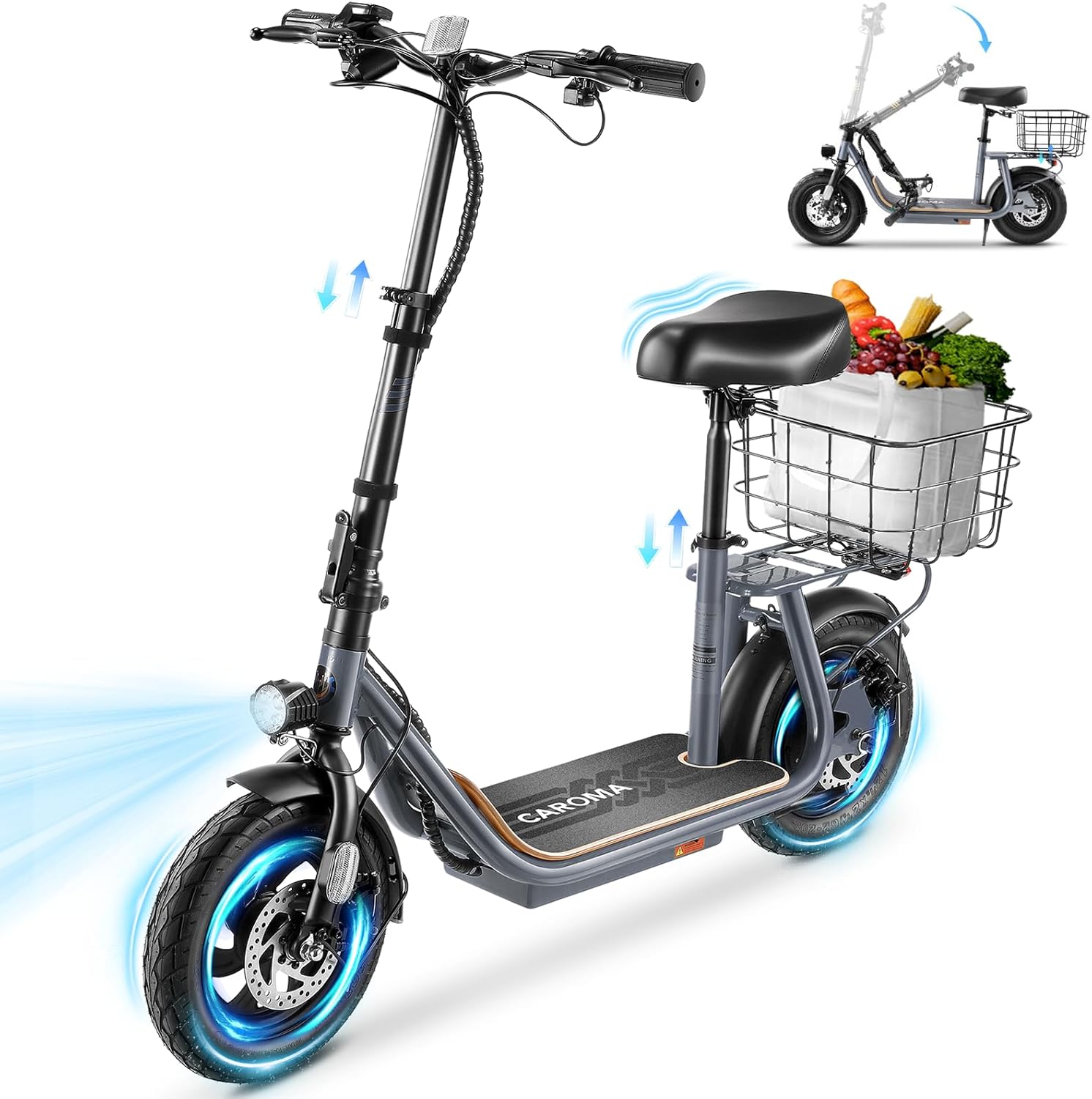 Caroma Peak 1200W/800W Electric Scooter with Seat, 30 Miles Max Range, Key Start Electric Scooter Adults&Teens, Up to 20MPH Foldable Ebike, Adjustable E-Bike with Basket&Kid Seat, Commuter Escooter