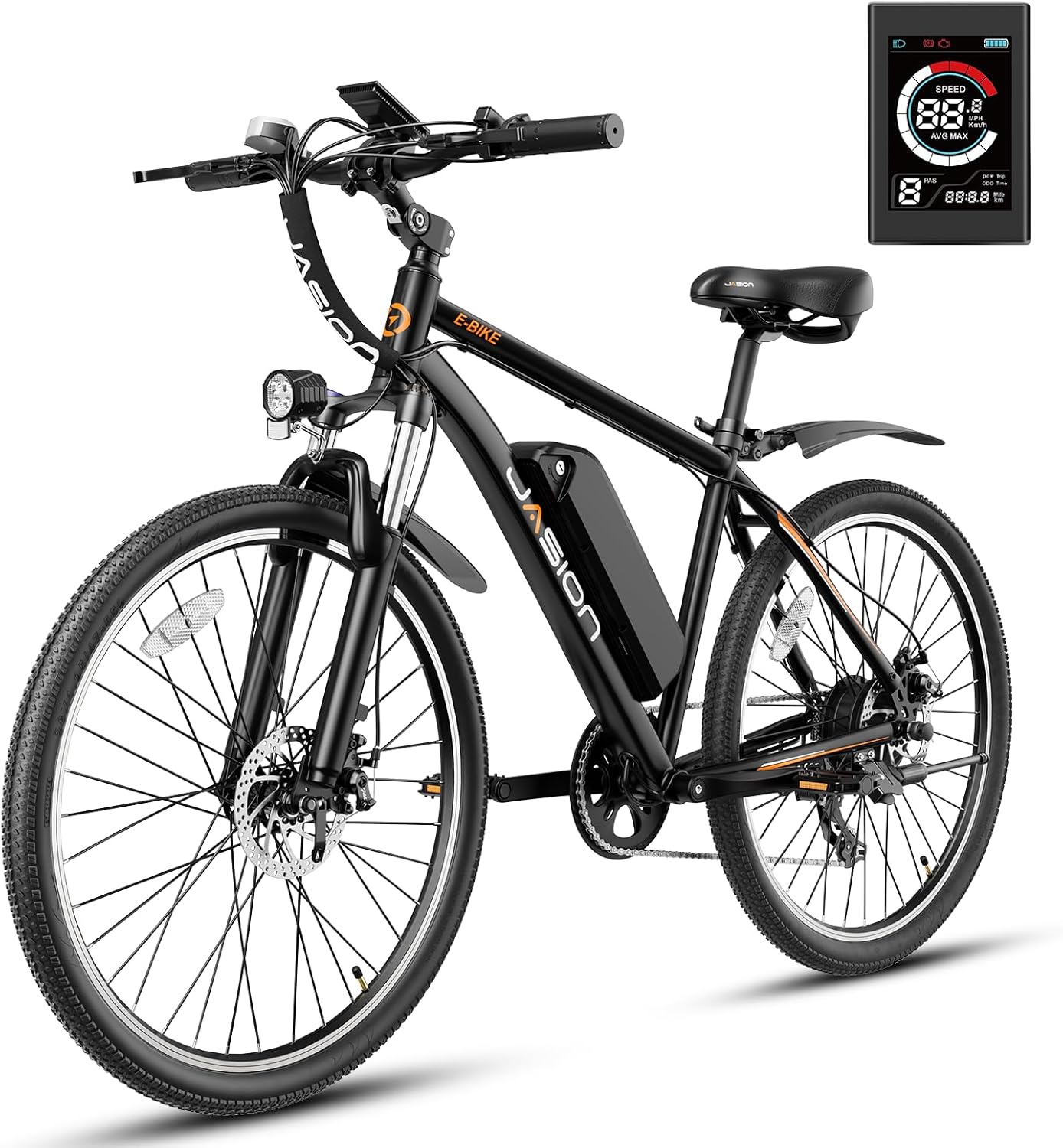 Jasion EB5 Electric Bike for Adults with Peak 750W Brushless Motor, 40Miles 20MPH Commuting Electric Mountain Bike with 360Wh Removable Battery, 7-Speed, 26" Tires and Front Fork Suspension