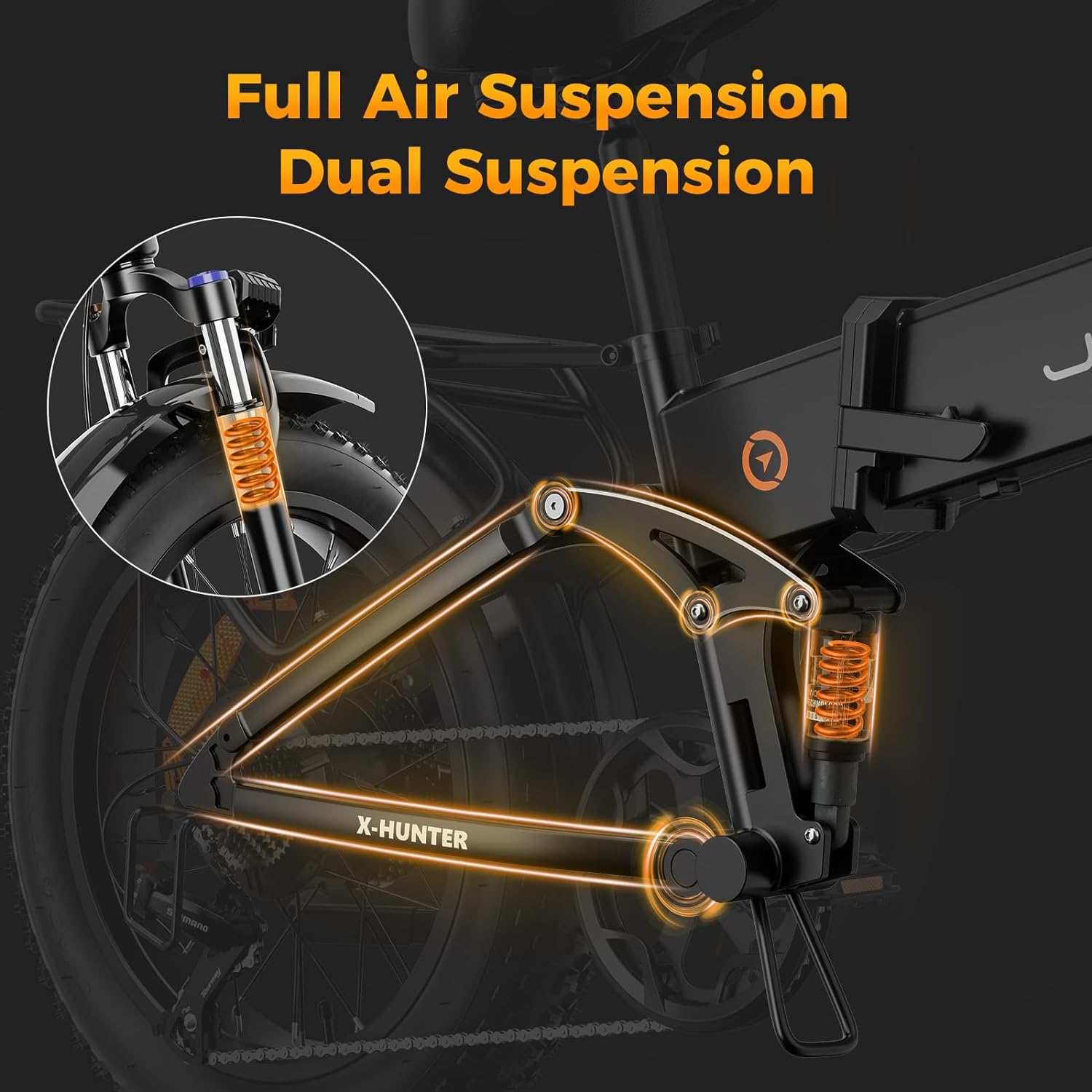 Jasion X-Hunter Foldable Electric Bike, 1400W Peak Motor, 70+ Miles 30MPH EBike, 624WH Removable Battery, 20''*4 Fat Tire, Full Suspension Bicycle for Commute,Snow, Mountain, 7-speed E-bike for Adults