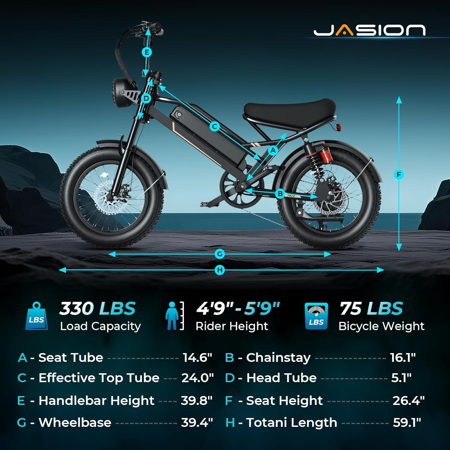 Jasion YR16 Electric Bike for Adults Teens, Peak 1000W Electric Bicycle, 48V 12.5AH Battery Dirt Bike with Dual Suspension & Cruise Control, 16" Fat Tire 55 Miles Moped EBike Fit Teenagers & Adults