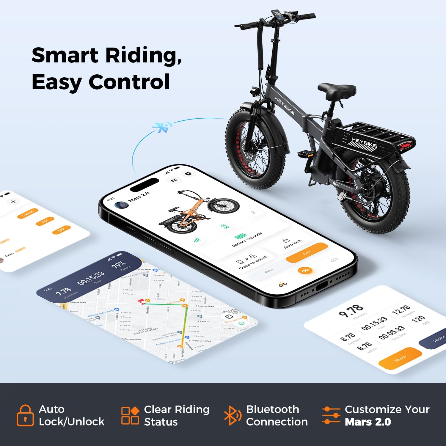 Heybike Mars 2.0 Foldable Electric Bike Adults 32Mph, APP Control E-Bike with 1800W Peak Motor, 20'' Large Fat Tire Ebike, 60+Miles Range with 624WH Removable Battery UL Certified, Full Suspension