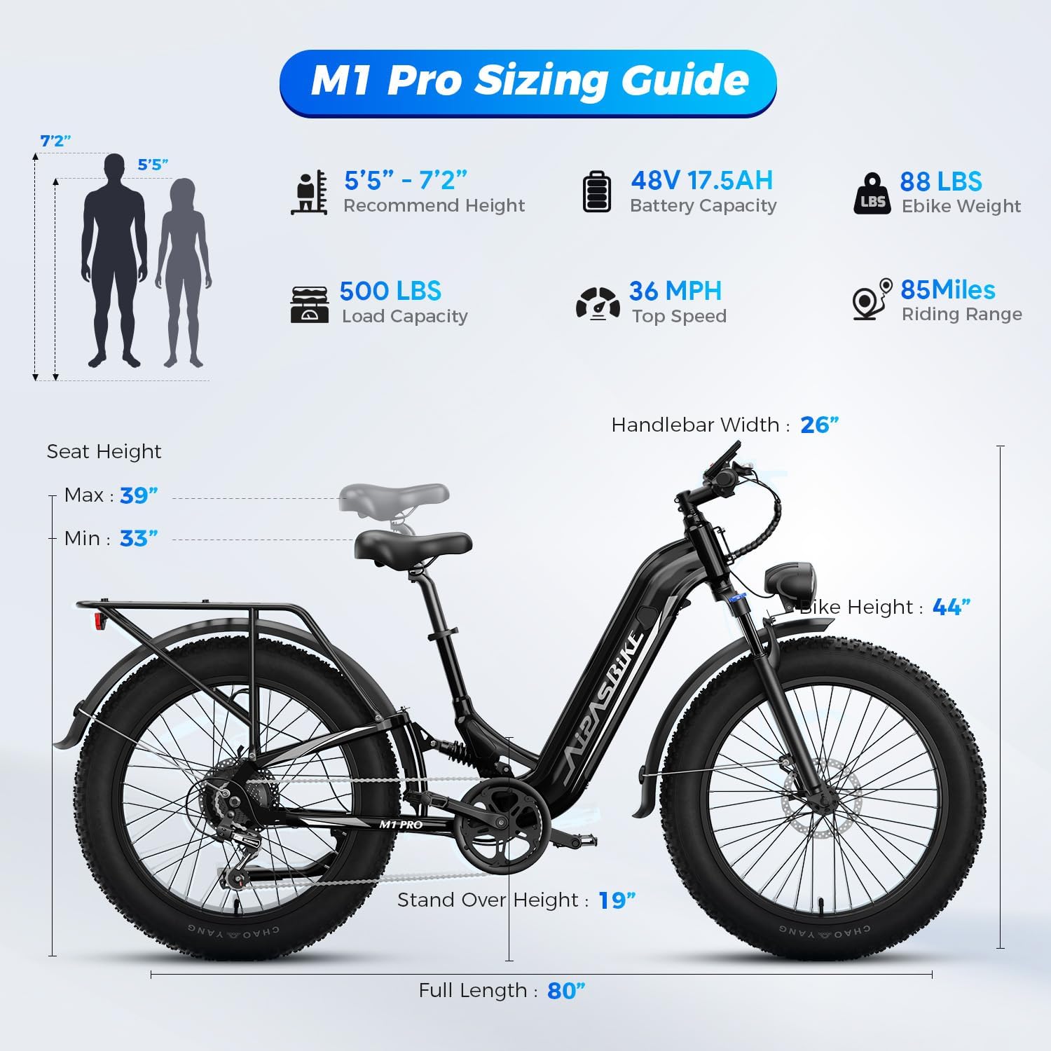 Aipas M1 Pro Electric Bike, 1800W Peak Motor Electric Bike for Adults, 48V 17.5Ah, 26'' x 4.0'' Fat Tire Electric Mountain Bike, Ebike with 85 Miles, 36MPH, 7 Speed 110Nm and Dual Suspension