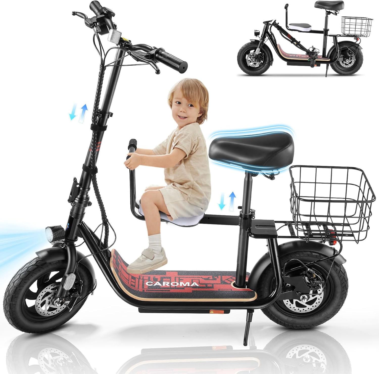 Caroma Peak 1200W/800W Electric Scooter with Seat, 30 Miles Max Range, Key Start Electric Scooter Adults&Teens, Up to 20MPH Foldable Ebike, Adjustable E-Bike with Basket&Kid Seat, Commuter Escooter