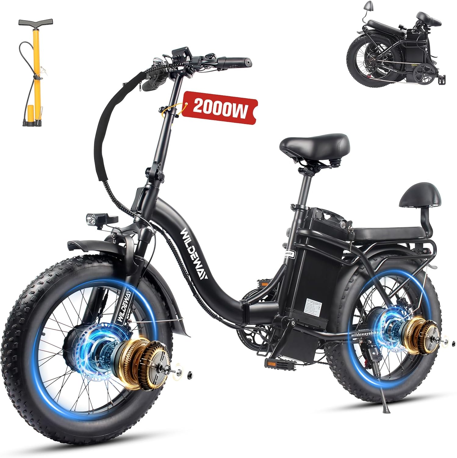 Wildeway Folding Electric Bike for Adults,2000W Dual Motor Ebike 20x4.0 Fat Tire All-Terrain 28MPH,48V 32Ah/60Ah Removable Battery,7-Speed,Dual Hydraulic Disc Brake,City Commuting Delivery Bicycle