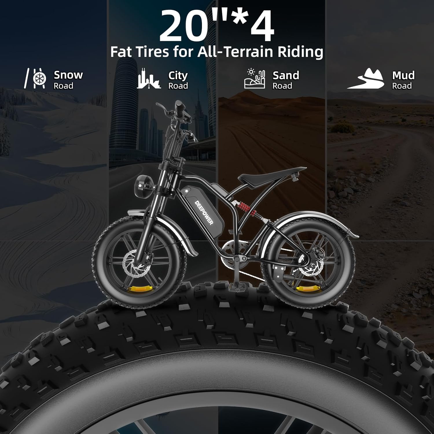 DEEPOWER S20 Electric Bike for Adults, 1500W Peak Motor Ebike, 48V 13/20/25AH Removable Battery, 28 MPH, 70+Miles, 20" Fat Tire Electric Motorcycle, All-Terrain Electric Dirt Bike with 7-Speed