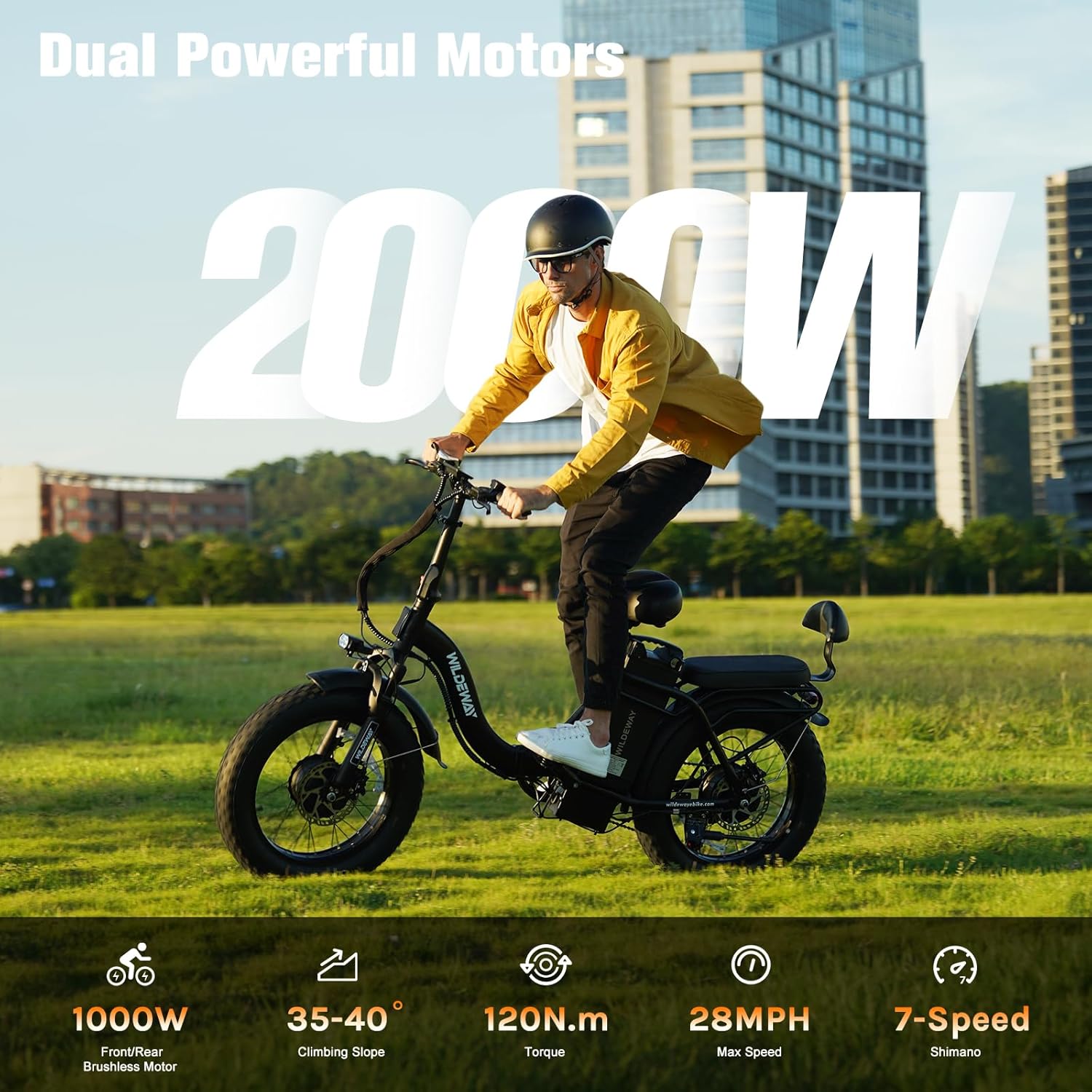 Wildeway Folding Electric Bike for Adults,2000W Dual Motor Ebike 20x4.0 Fat Tire All-Terrain 28MPH,48V 32Ah/60Ah Removable Battery,7-Speed,Dual Hydraulic Disc Brake,City Commuting Delivery Bicycle