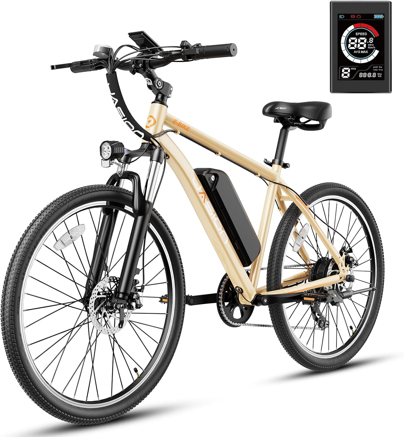 Jasion EB5 Electric Bike for Adults with Peak 750W Brushless Motor, 40Miles 20MPH Commuting Electric Mountain Bike with 360Wh Removable Battery, 7-Speed, 26" Tires and Front Fork Suspension