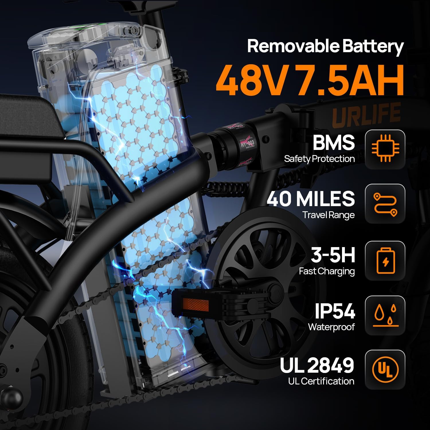 URLIFE Electric Bike for Adults, 14" Folding Electric Bike, 500W Peak Motor, 48V 375Wh Removable Battery, 20MPH, 40 Miles Long Range, Mini E Bikes for Adults and Teens, UL Certification