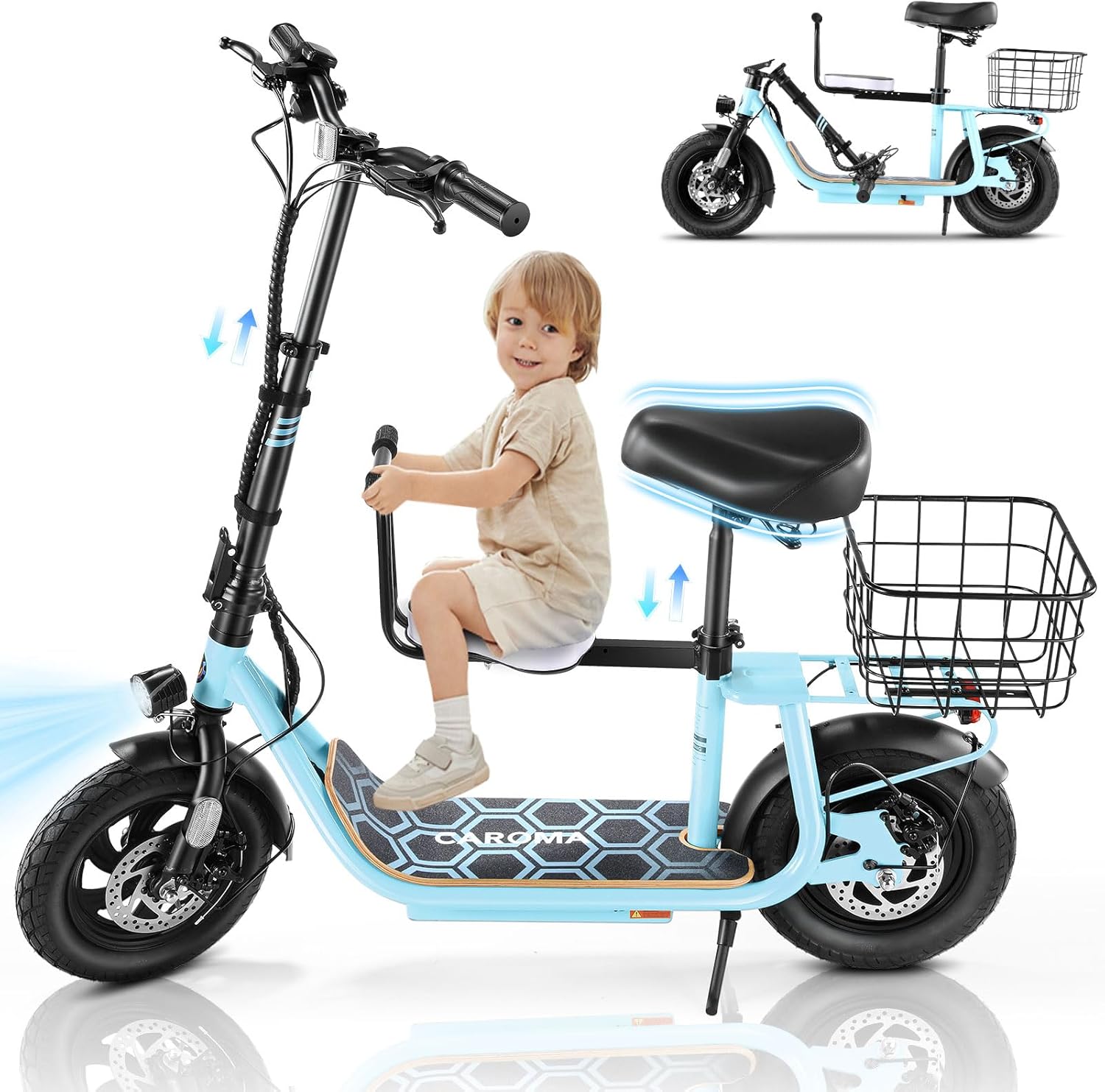 Caroma Peak 1200W/800W Electric Scooter with Seat, 30 Miles Max Range, Key Start Electric Scooter Adults&Teens, Up to 20MPH Foldable Ebike, Adjustable E-Bike with Basket&Kid Seat, Commuter Escooter