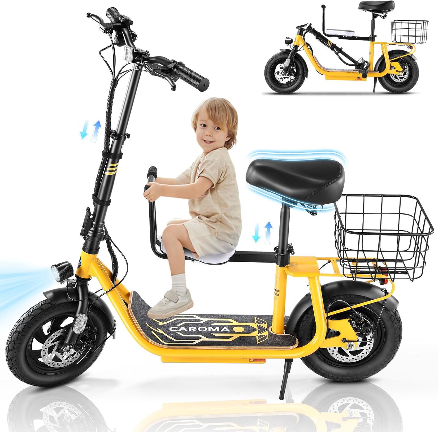 Caroma Peak 1200W/800W Electric Scooter with Seat, 30 Miles Max Range, Key Start Electric Scooter Adults&Teens, Up to 20MPH Foldable Ebike, Adjustable E-Bike with Basket&Kid Seat, Commuter Escooter