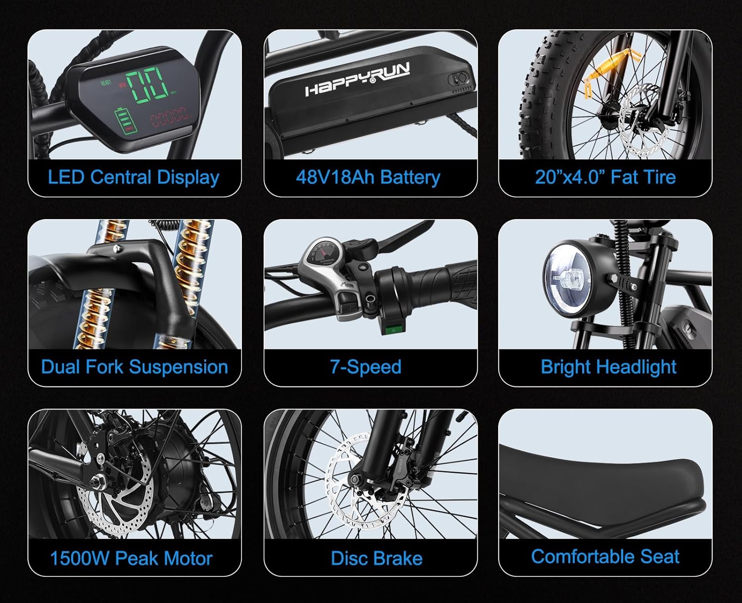 HAPPYRUN Electric Bike,1500W/2000W,48V,18Ah E Bikes for Adults Electric 60+ Mile 32MPH Top Speed Electric Motorcycle All Terrain Fat Tire Electric Dirt Bike G50