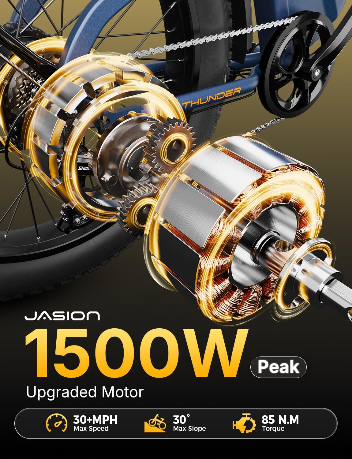 Jasion Thunder Electric Bike, 1500W Peak Motor, 30+MPH Max Speed & 80 Miles with 864Wh Removable Battery, APP Control Ebike for Adults, Hydraulic Brakes, Front Suspension, 26'' x 4'' Fat Tire Bicycles