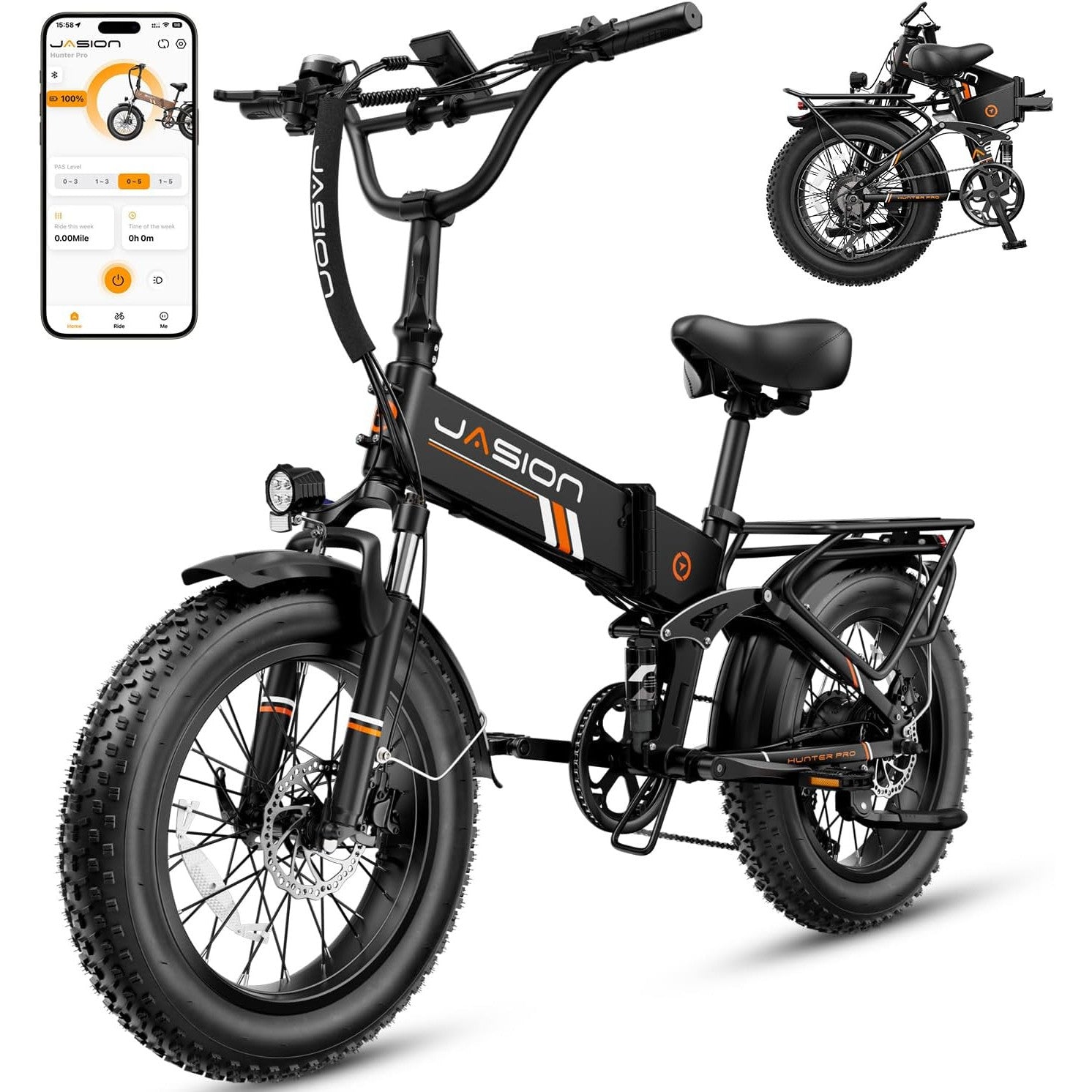 Jasion Hunter Pro Electric Bike for Adults, 1800W Peak Motor 80 Miles, up to 30+MPH,720WH Removable Battery Foldable Ebike,App Control & Full Suspension,20''*4.0 Fat Tire,Dual Hydraulic Brakes Bicycle