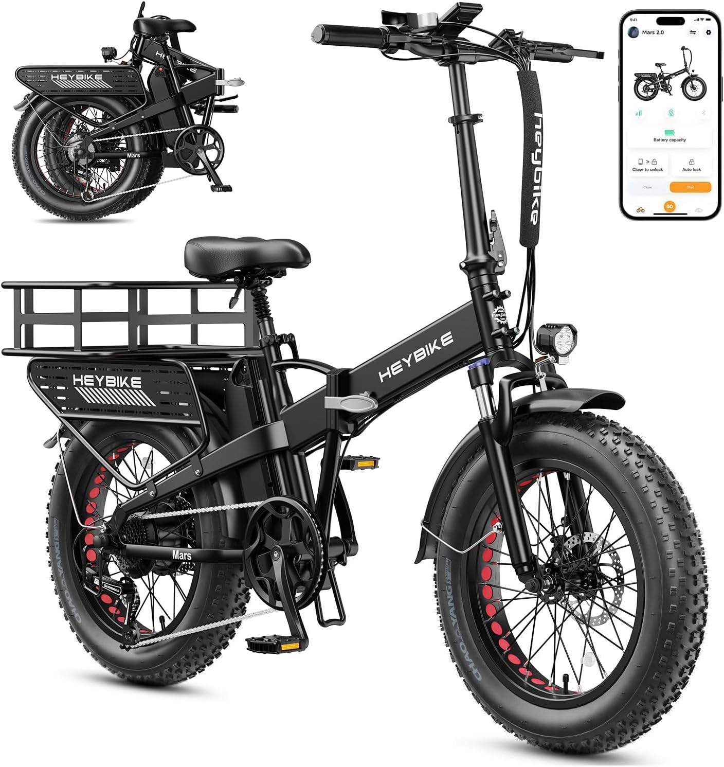 Heybike Mars 2.0 Foldable Electric Bike Adults 32Mph, APP Control E-Bike with 1800W Peak Motor, 20'' Large Fat Tire Ebike, 60+Miles Range with 624WH Removable Battery UL Certified, Full Suspension