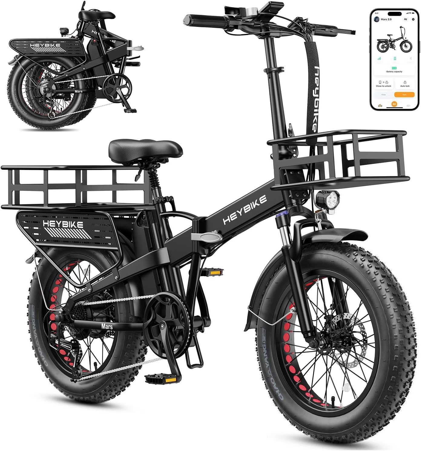 Heybike Mars 2.0 Foldable Electric Bike Adults 32Mph, APP Control E-Bike with 1800W Peak Motor, 20'' Large Fat Tire Ebike, 60+Miles Range with 624WH Removable Battery UL Certified, Full Suspension
