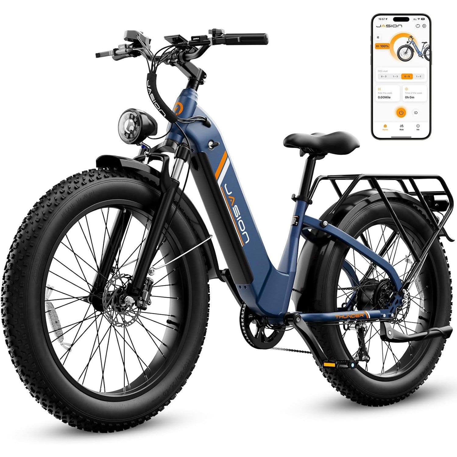 Jasion Thunder Electric Bike, 1500W Peak Motor, 30+MPH Max Speed & 80 Miles with 864Wh Removable Battery, APP Control Ebike for Adults, Hydraulic Brakes, Front Suspension, 26'' x 4'' Fat Tire Bicycles