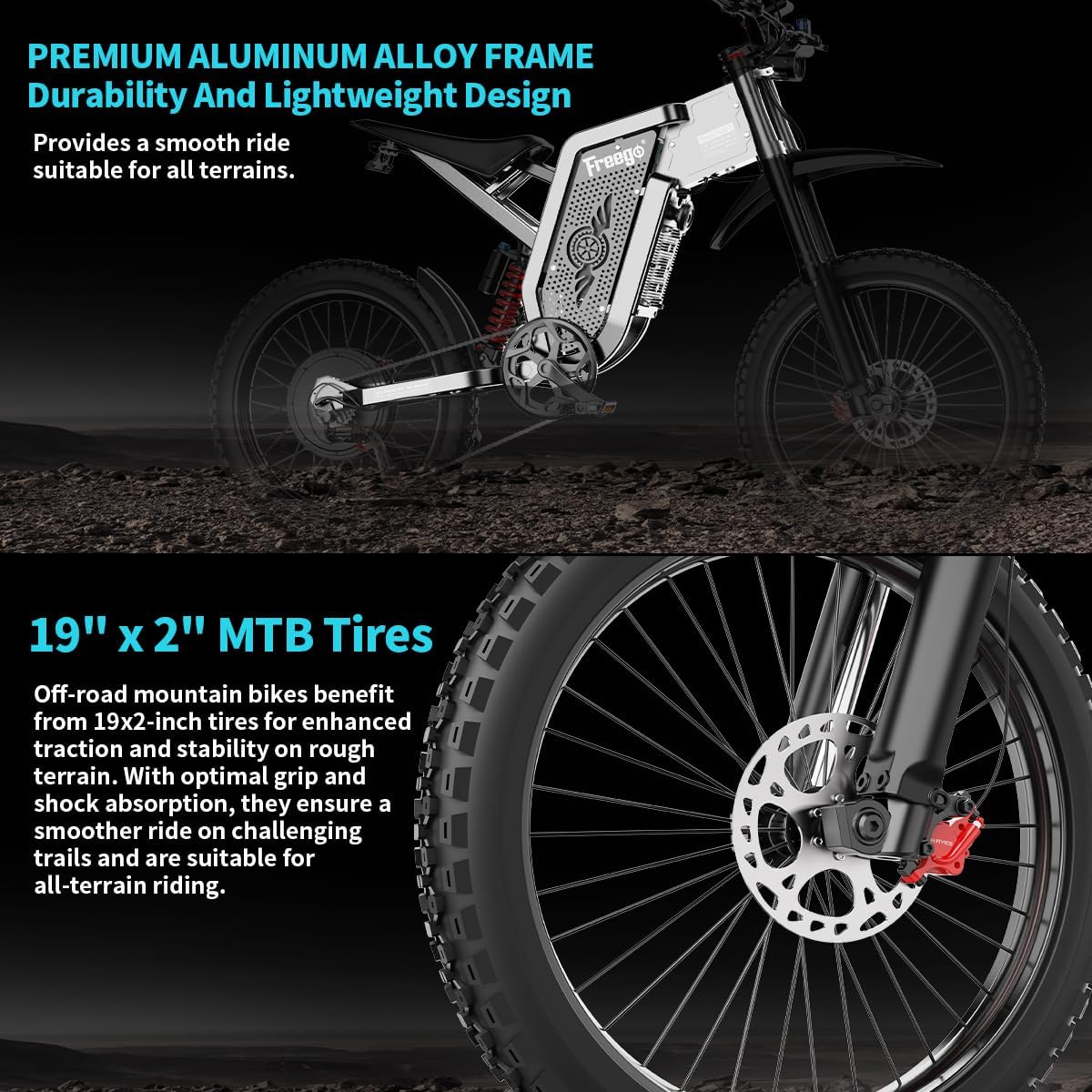 Freego X2 Electric Motorcycle for Adults, Electric Dirt Bike for Teen 6000W Motor 1800wh Removable Battery, 50Mph/7Speed Electric Mountain Bicycle, 19" x2" Tire Full Suspension Full Hydraulic Brake