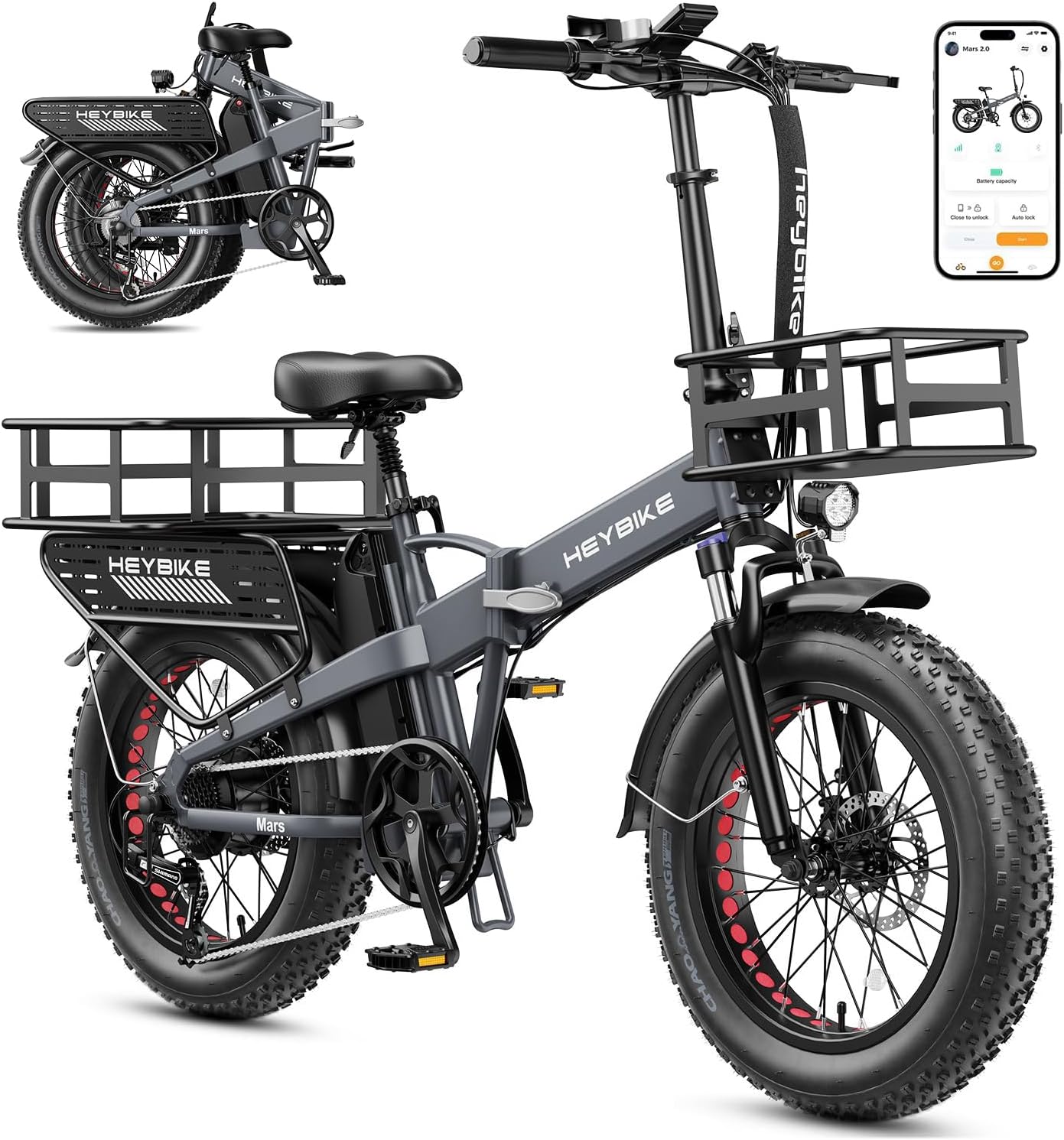 Heybike Mars 2.0 Foldable Electric Bike Adults 32Mph, APP Control E-Bike with 1800W Peak Motor, 20'' Large Fat Tire Ebike, 60+Miles Range with 624WH Removable Battery UL Certified, Full Suspension