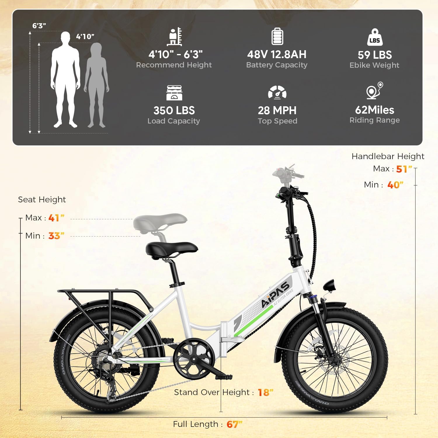 Aipas A2 Folding Electric Bike, 20'' Fat Tire Electric Bike with 750W Peak Motor, 48V 12.8Ah Removable Battery, 28MPH Max Speed, 62 Mile Range, Step-Through Frame and 7-Speed