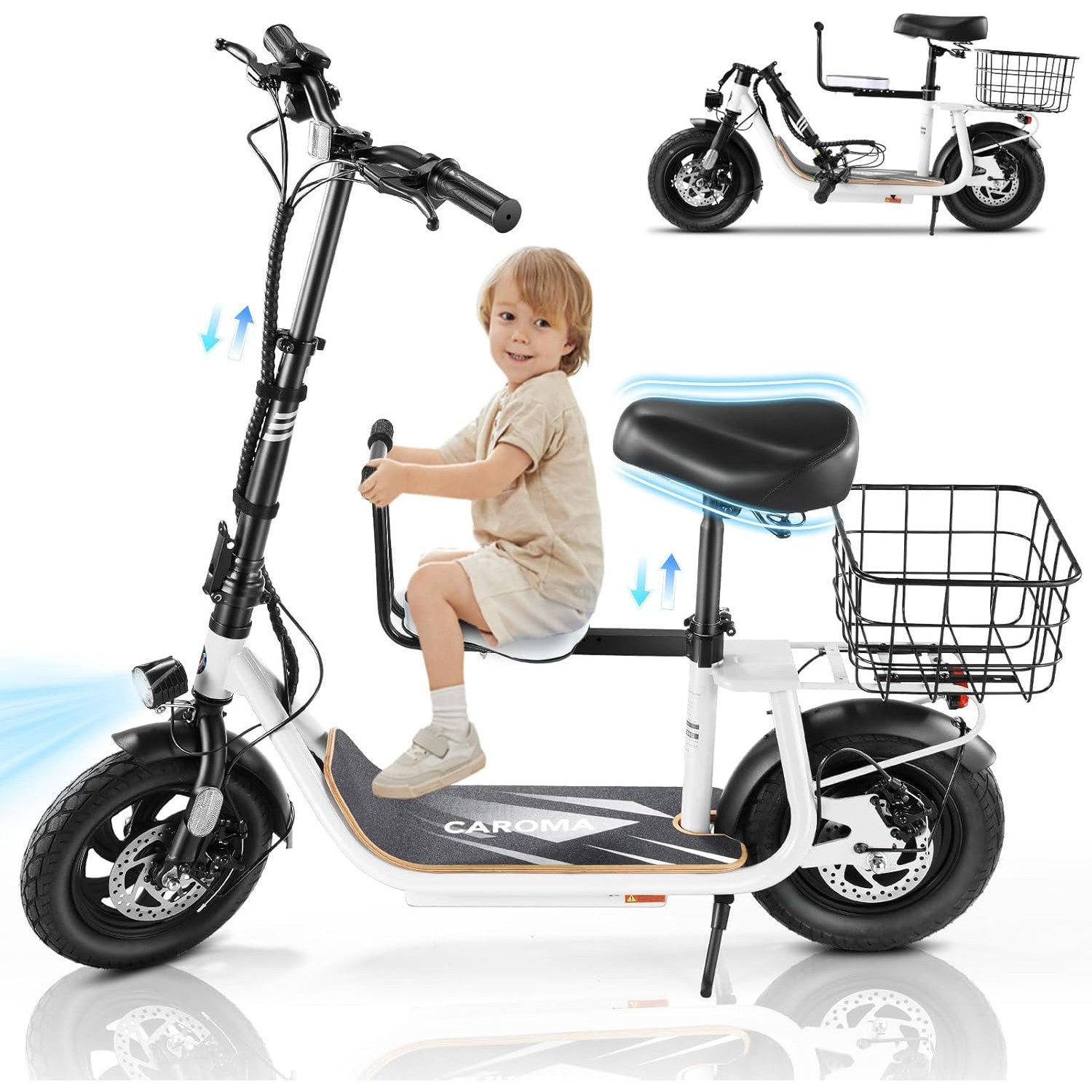 Caroma Peak 1200W/800W Electric Scooter with Seat, 30 Miles Max Range, Key Start Electric Scooter Adults&Teens, Up to 20MPH Foldable Ebike, Adjustable E-Bike with Basket&Kid Seat, Commuter Escooter