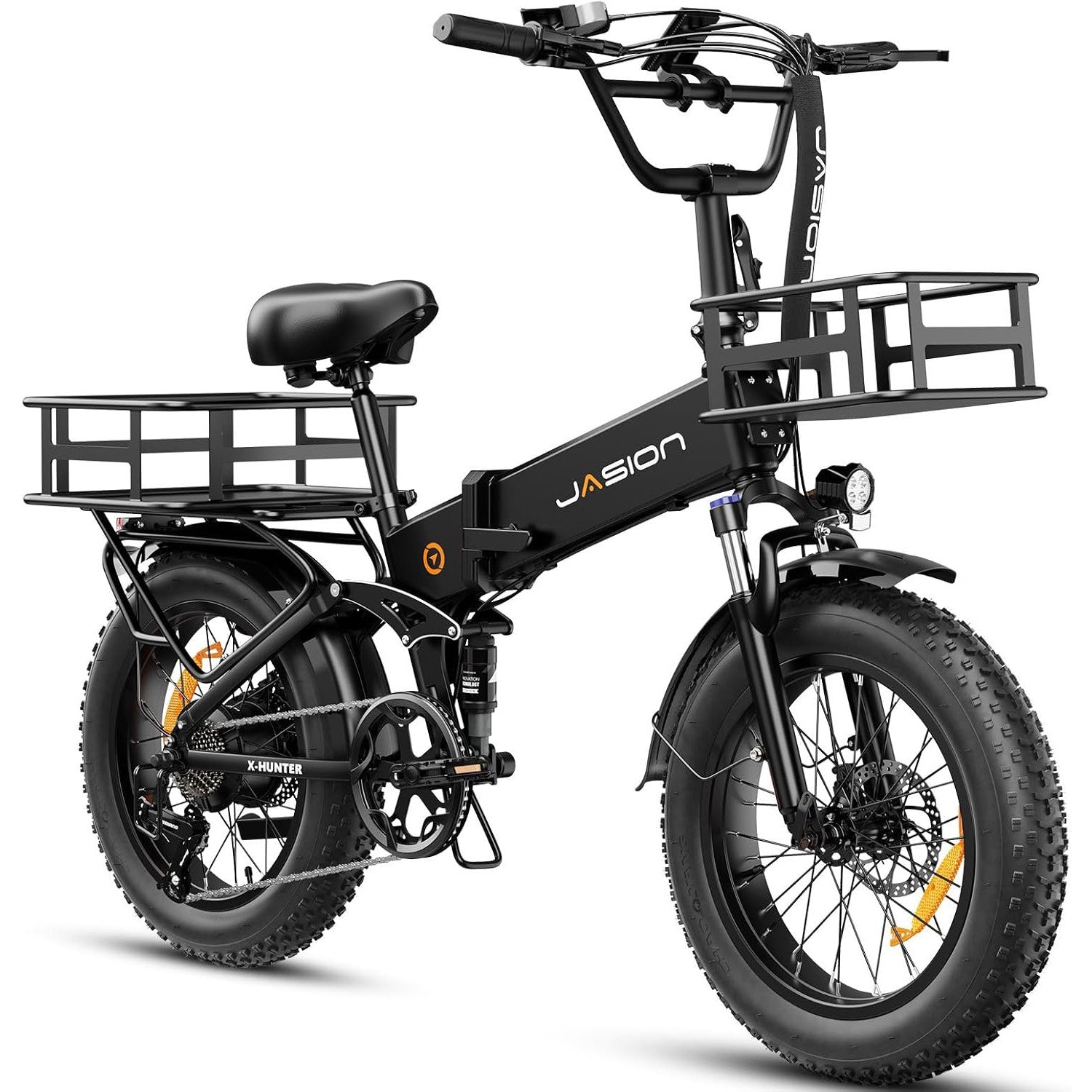 Jasion X-Hunter Foldable Electric Bike, 1400W Peak Motor, 70+ Miles 30MPH EBike, 624WH Removable Battery, 20''*4 Fat Tire, Full Suspension Bicycle for Commute,Snow, Mountain, 7-speed E-bike for Adults