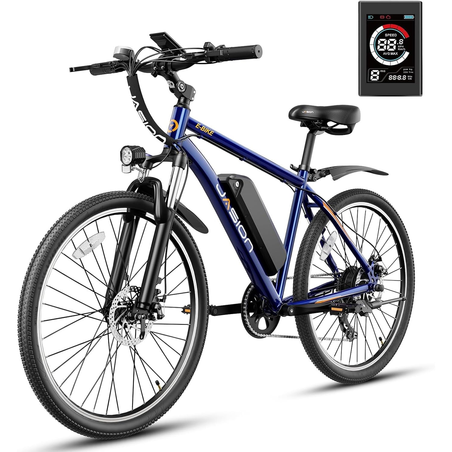 Jasion EB5 Electric Bike for Adults with Peak 750W Brushless Motor, 40Miles 20MPH Commuting Electric Mountain Bike with 360Wh Removable Battery, 7-Speed, 26" Tires and Front Fork Suspension