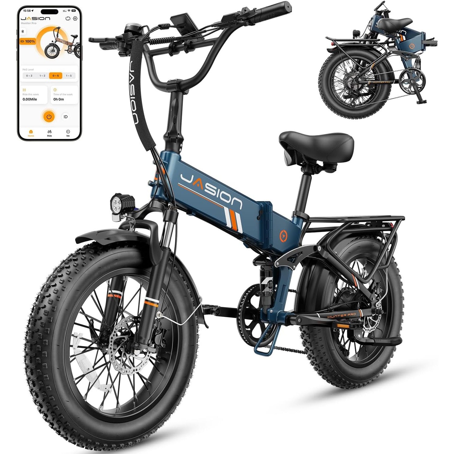 Jasion Hunter Pro Electric Bike for Adults, 1800W Peak Motor 80 Miles, up to 30+MPH,720WH Removable Battery Foldable Ebike,App Control & Full Suspension,20''*4.0 Fat Tire,Dual Hydraulic Brakes Bicycle