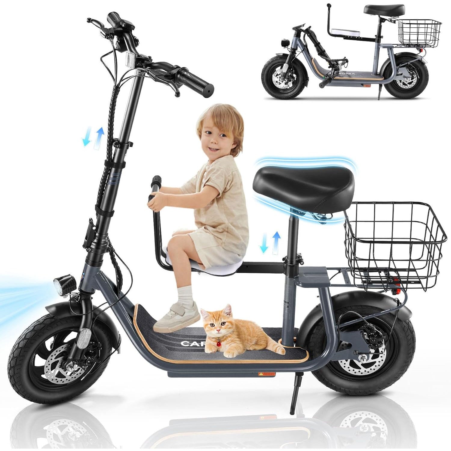 Caroma Peak 1200W/800W Electric Scooter with Seat, 30 Miles Max Range, Key Start Electric Scooter Adults&Teens, Up to 20MPH Foldable Ebike, Adjustable E-Bike with Basket&Kid Seat, Commuter Escooter